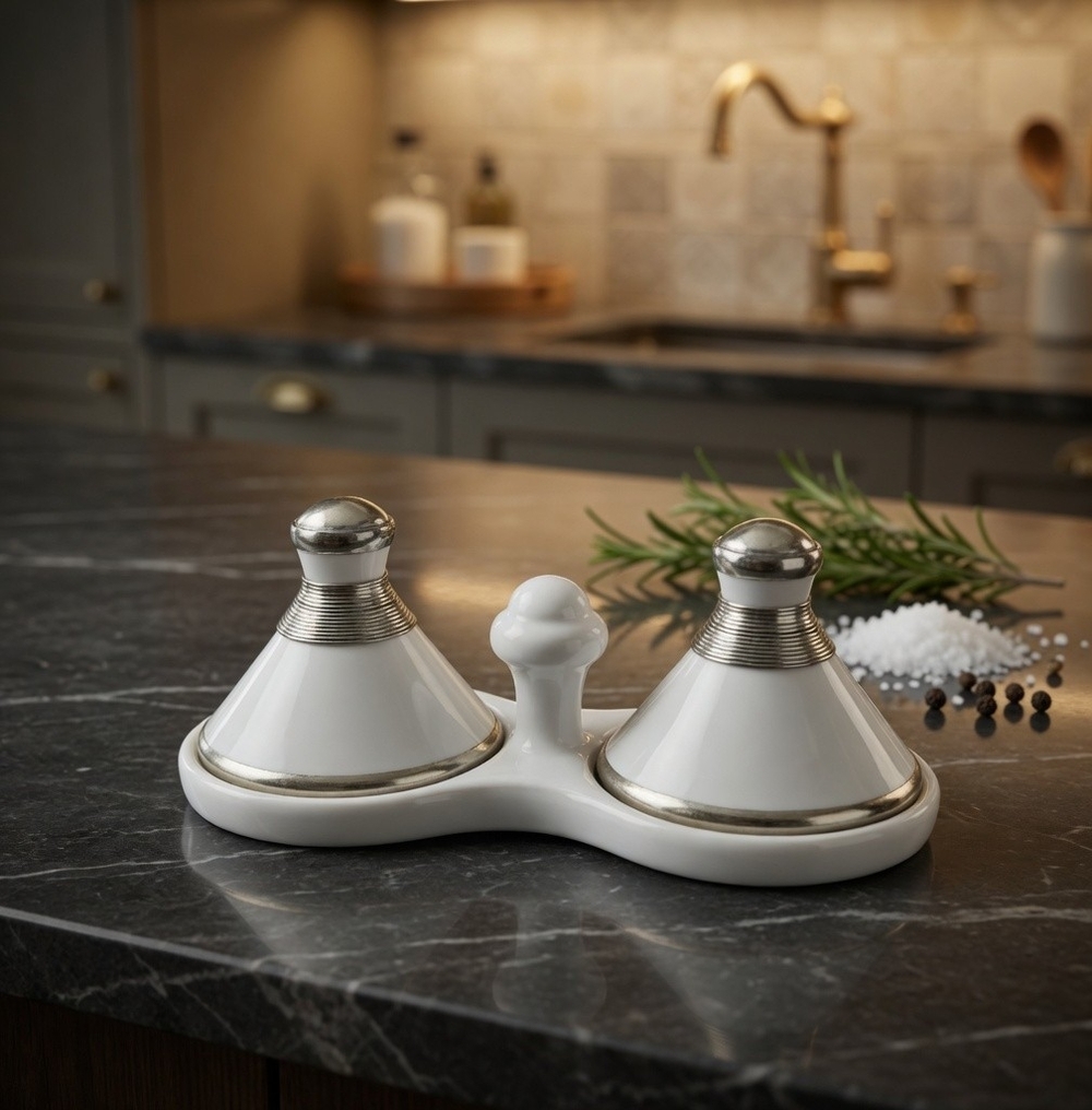 Moroccan Ceramic Double Tagine Salt Pepper Set Silver Trim White 6x2.5" VG